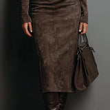 Seraphina Midi šaty z semiše s vysokým krkem a dlouhým rukávem