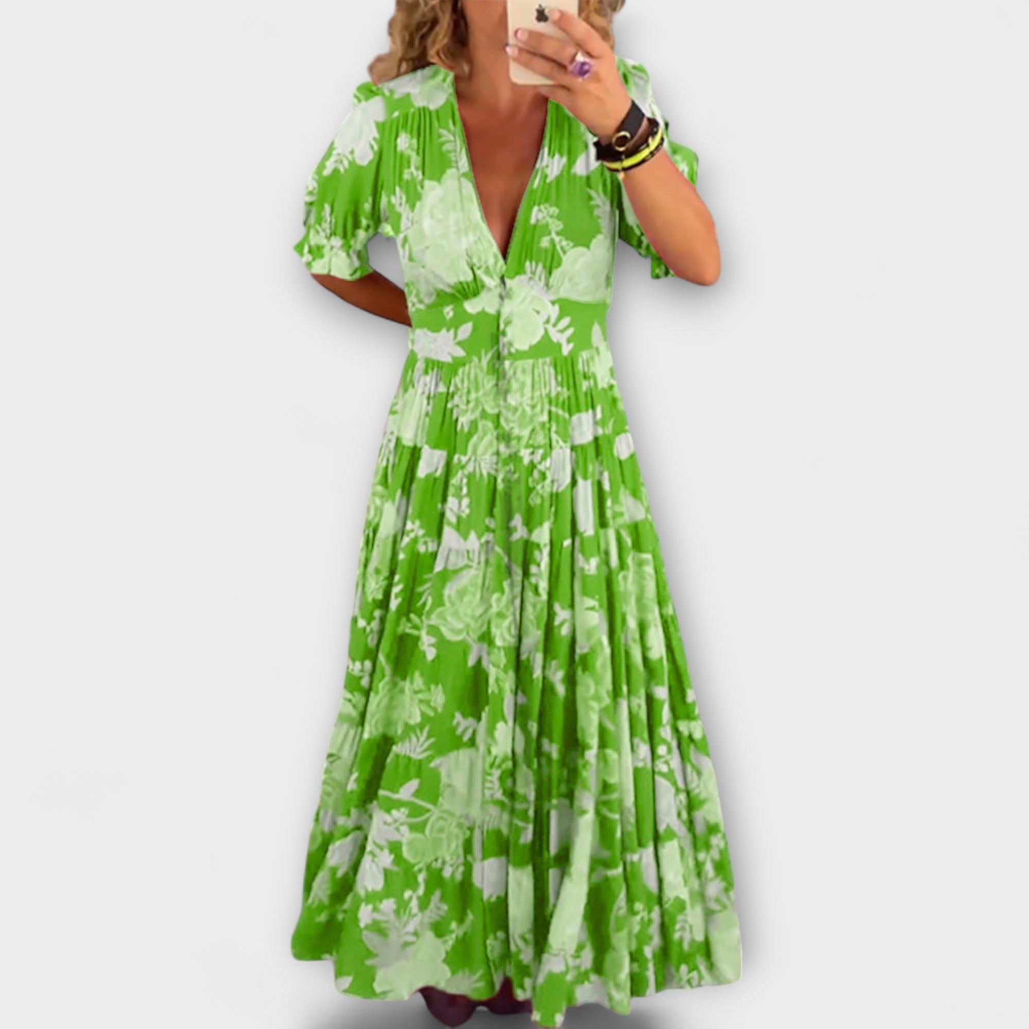 Catrisa - Kvetinový vzor V-krk šaty s kapsami