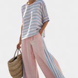 Sada z bambusového lnu Daisy Středomořské v jemně růžové s elegantními modrými pruhy