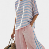 Sada z bambusového lnu Daisy Středomořské v jemně růžové s elegantními modrými pruhy