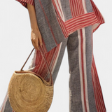 Oversize Daisy Salopeta z Lnu s Pruhy v Červené Korálové a Šedé, Moderní a Pohodlný Styl