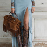 Ophelio Western Half-Zip Vyšívané Faux Suede Fringe Maxi Šaty