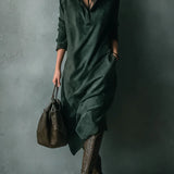 Isna Zelené Volné Suedové Sako Midi Šaty s Dlouhým Rukávem