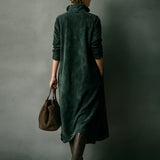 Isna Zelené Volné Suedové Sako Midi Šaty s Dlouhým Rukávem