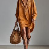 Šaty midi s volným límcem a potiskem, V- výstřih, dlouhý rukáv