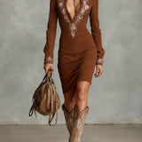 Arawen Béžové Slim Suede Krk Květnatý Klopový Midi Šaty