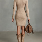 Arawen Béžové Slim Suede Krk Květnatý Klopový Midi Šaty