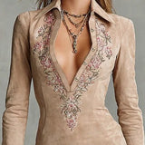 Arawen Béžové Slim Suede Krk Květnatý Klopový Midi Šaty