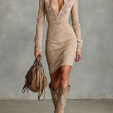 Arawen Béžové Slim Suede Krk Květnatý Klopový Midi Šaty