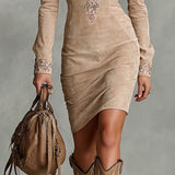 Arawen Béžové Slim Suede Krk Květnatý Klopový Midi Šaty