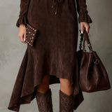 Cecily Elegantní tmavě hnědé semišové midi šaty s šňůrkou