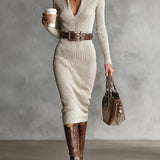 Delphino Slim Fit Polokošile V-Krk Dlouhý Rukáv Pletené Šaty s Páskem Midi