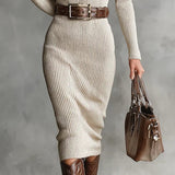 Delphino Slim Fit Polokošile V-Krk Dlouhý Rukáv Pletené Šaty s Páskem Midi