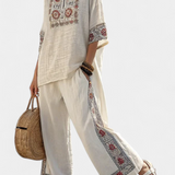 Souprava Středomoří Daisy z bambusového lnu s elegantními červenými a zelenými pruhy