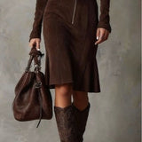 Hnědé vintage midi šaty s zipem a páskem (včetně pásku)