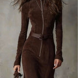 Hnědé vintage midi šaty s zipem a páskem (včetně pásku)