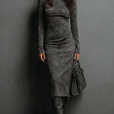 Seraphina Midi šaty z semiše s vysokým krkem a dlouhým rukávem