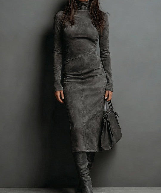 Seraphina Midi šaty z semiše s vysokým krkem a dlouhým rukávem