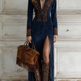 Ophelio Western Half-Zip Vyšívané Faux Suede Fringe Maxi Šaty