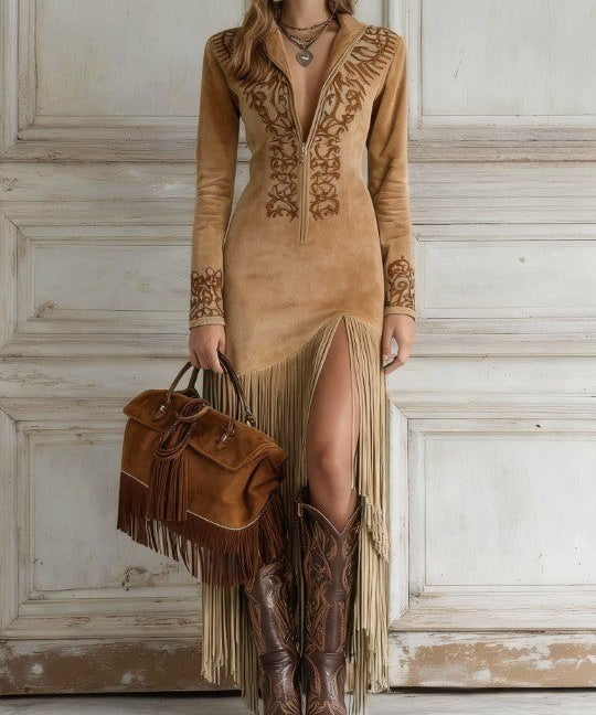 Ophelio Western Half-Zip Vyšívané Faux Suede Fringe Maxi Šaty