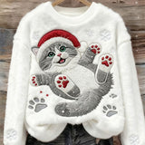 Dámské Roztomilé Vánoční Kočka Umění Tisk Volný Flanelový Svetřík