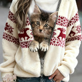 Retro Vánoční Zvířecí Umění Tisk Dámský Pohodlný Flanelový Svetřík