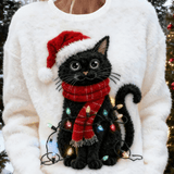 Dámský Sladký Vánoční Kočičí Umělecký Tisk Ležérní Flanelový Svetr