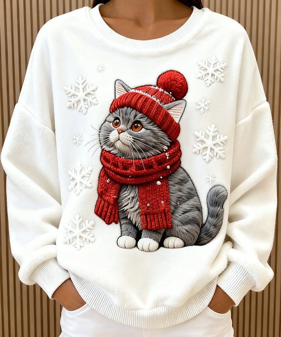 Dámský Roztomilý Vánoční Kočka Umění Tisk Casual Flanelová Mikina