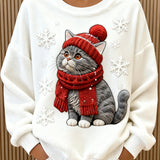 Dámský Roztomilý Vánoční Kočka Umění Tisk Casual Flanelová Mikina